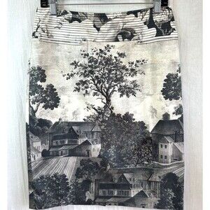 Eccoci Women’s Grey & White Toile de Jouy Print Cotton Pencil Midi Skirt Sz 4